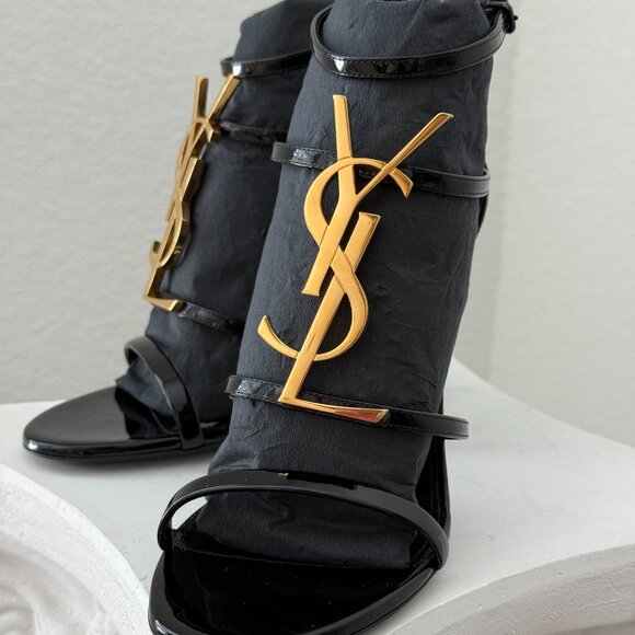 Saint Laurent Cassandra YSL Medallion Strappy Stiletto Sandals | Size 37.5 / 7.5 - Picture 5 of 11